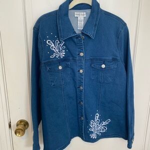 Draper’s & Damon’s Blue Denim Jacket with White Embroidery and silver studs 1X